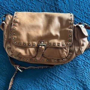 Linea Pelle Light Tan Leather Studded Leather BoHo Shoulder Bag